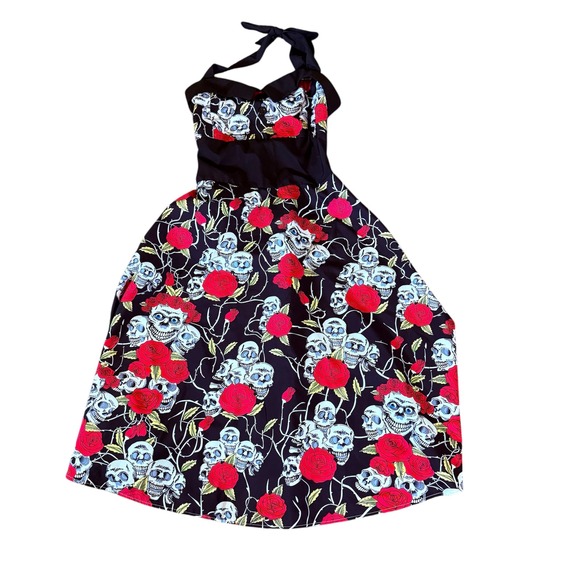 Skull Rose Halter Dress Rockabilly Pinup Style Party Cocktail Swing Midi Women's - Picture 1 of 5